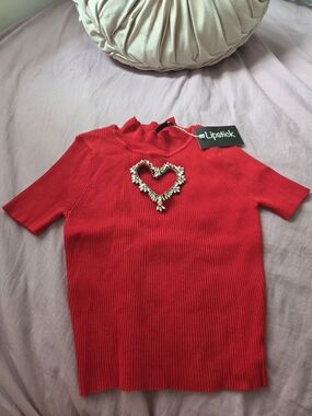NWT Vintage Y2K Lipstick Red Ribbed Knit Mock Neck Rhinestone Heart Cut Out Top